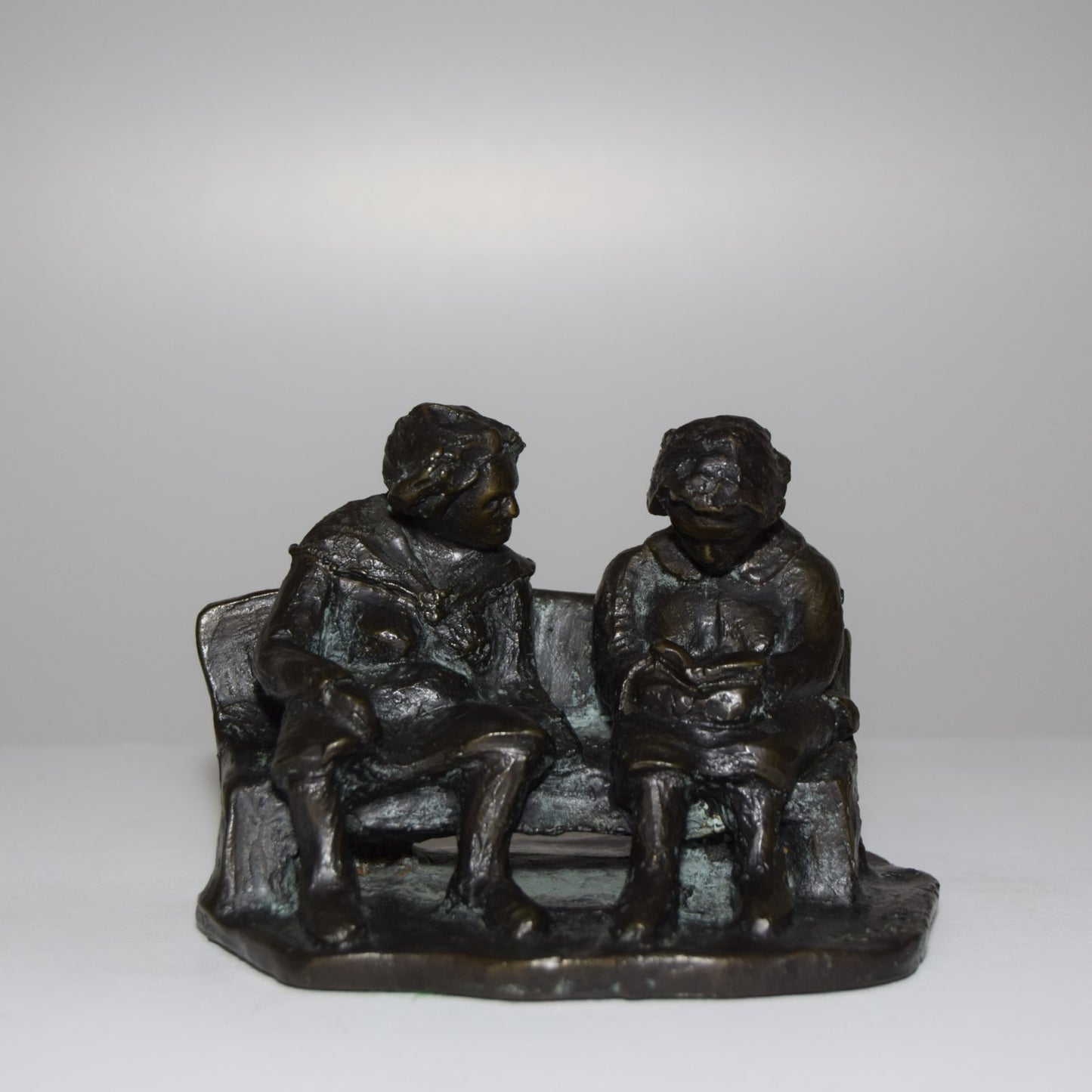 Small Ltd Ed 2/12 Bronze of two Elderly Ladies on a Bench signed EVE dated 1976