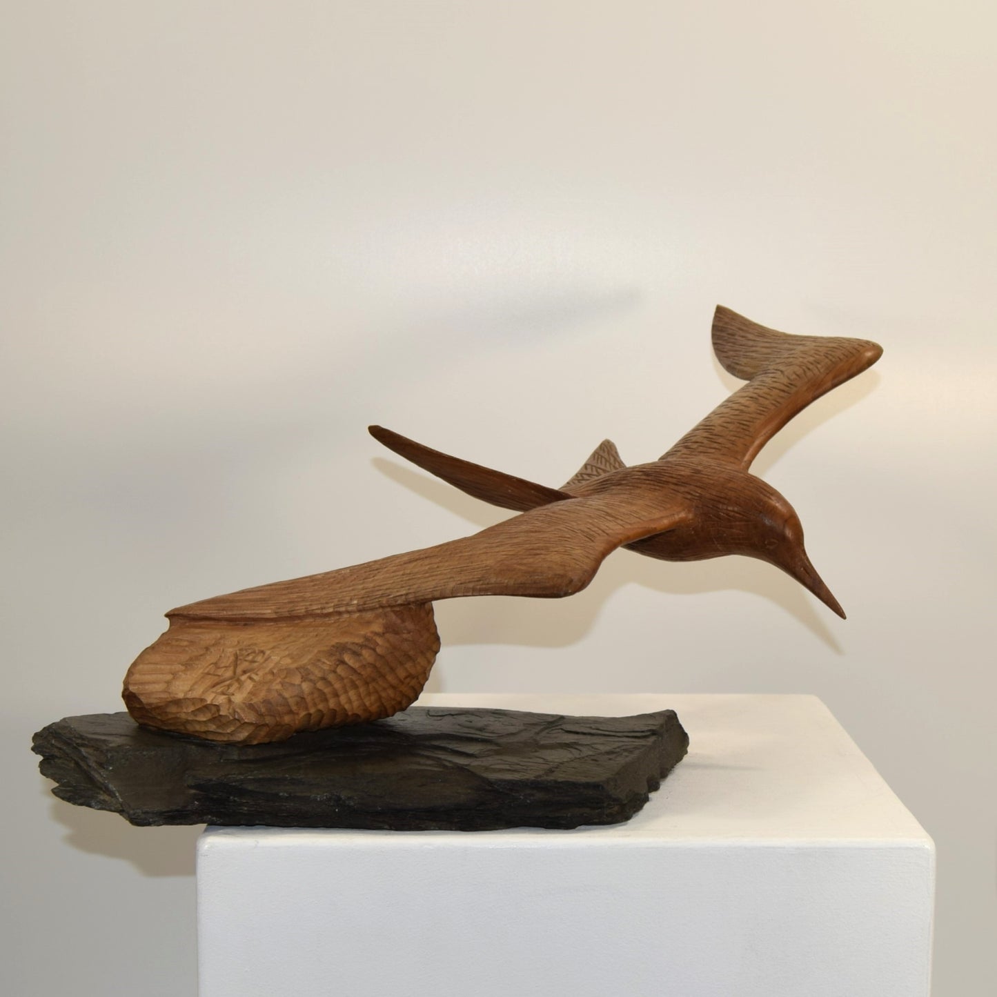 Peter Boex Tern in Flight Sculpted in Sycamore on Natural Slate Base dated 1975