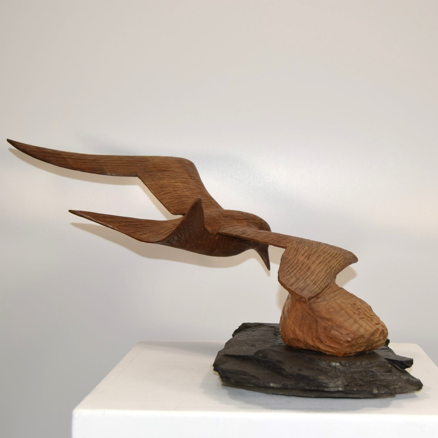 Peter Boex Tern in Flight Sculpted in Sycamore on Natural Slate Base dated 1975