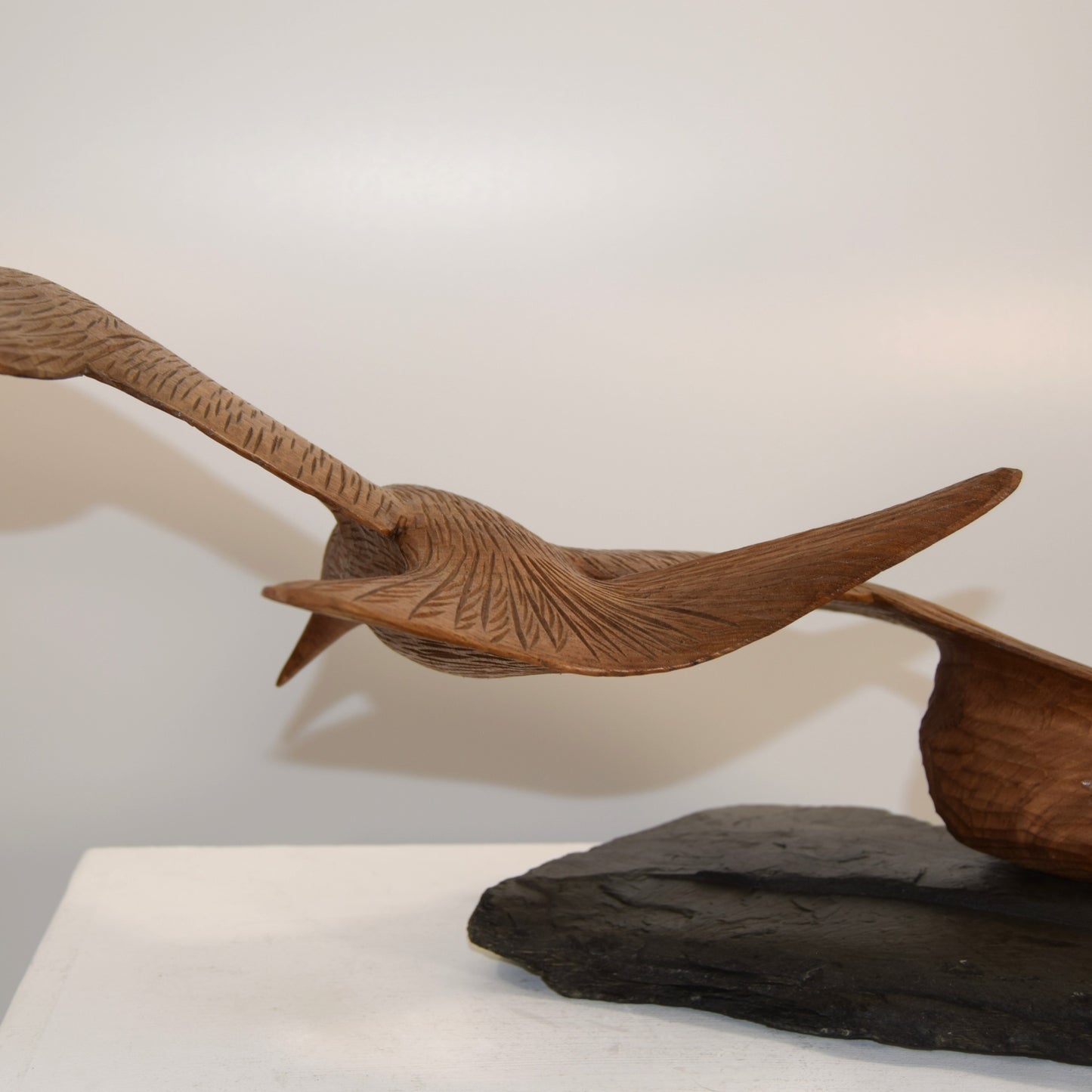 Peter Boex Tern in Flight Sculpted in Sycamore on Natural Slate Base dated 1975