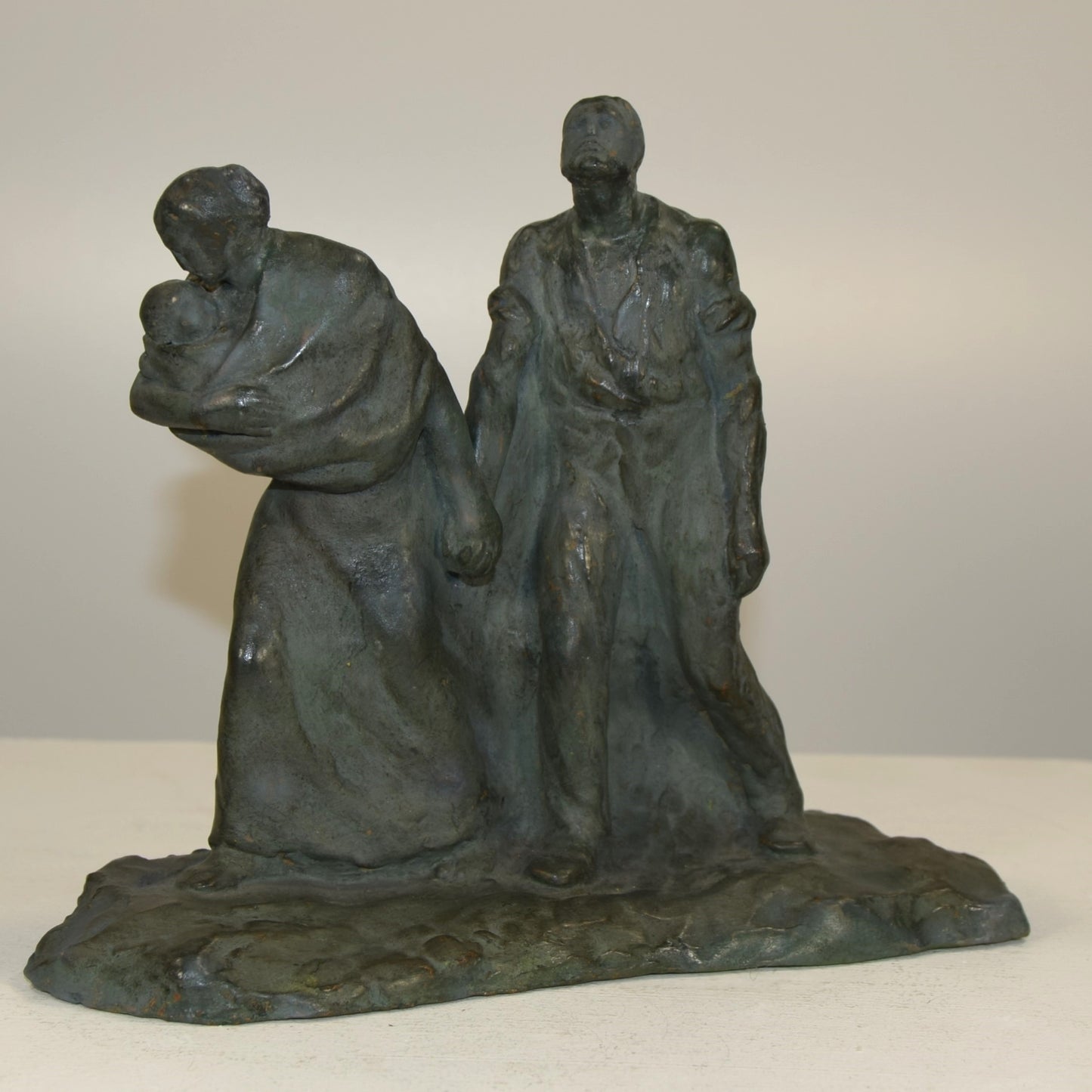 Glazed Terracotta group of Woman with baby Leading a Blind Man signed circa 1910 - 20s