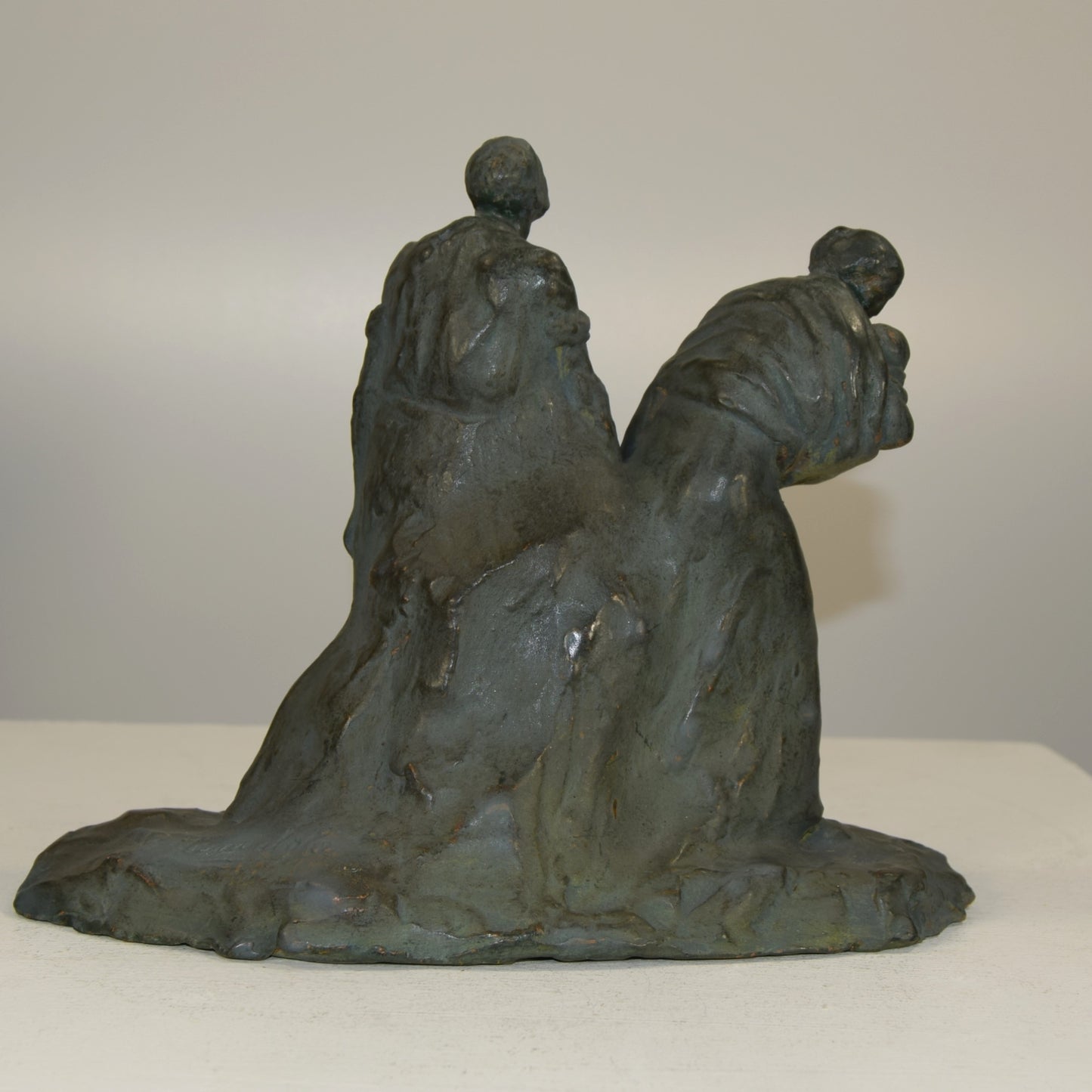 Glazed Terracotta group of Woman with baby Leading a Blind Man signed circa 1910 - 20s